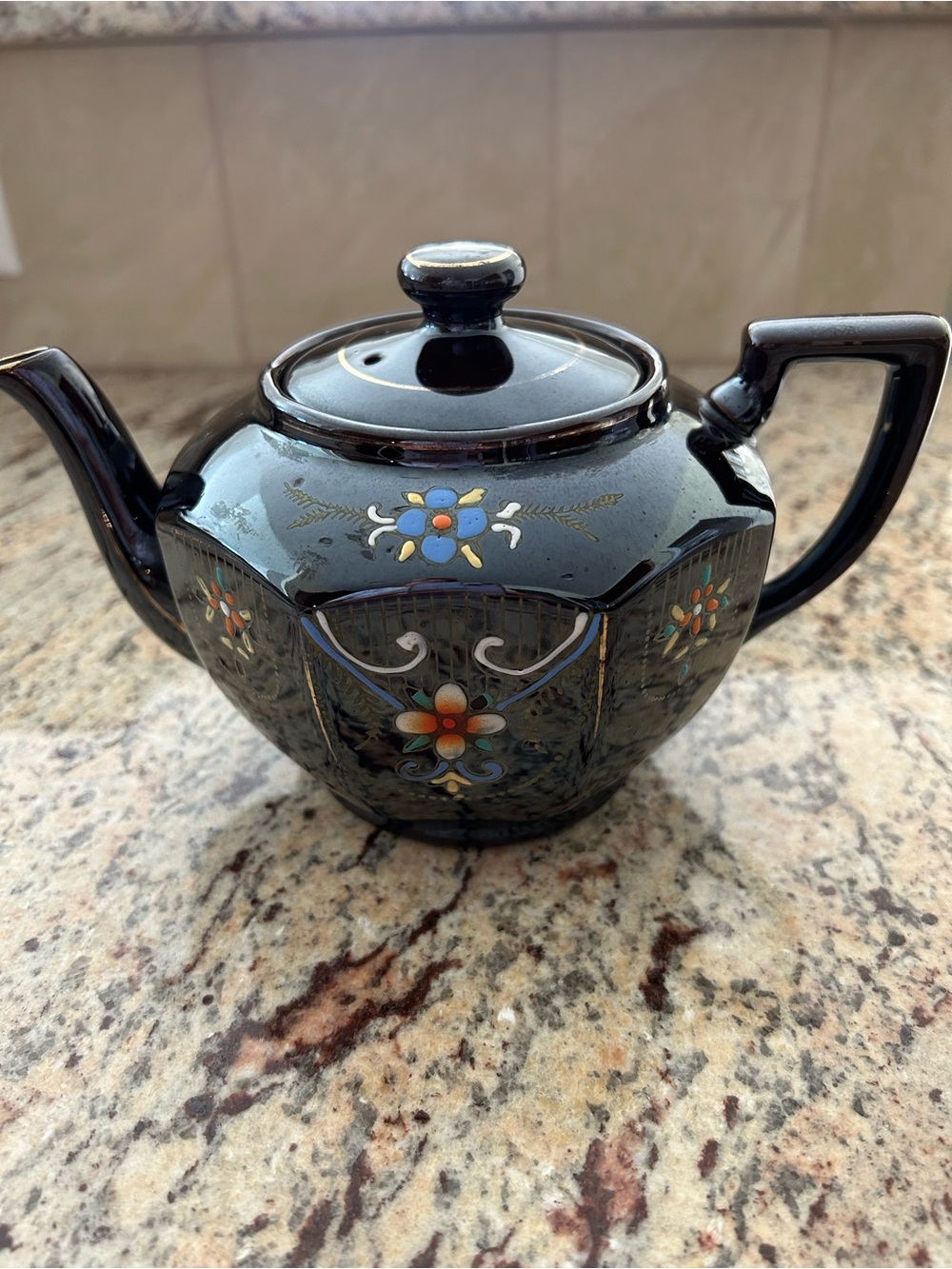 Dark Brown Floral-Accent Ceramic Teapot